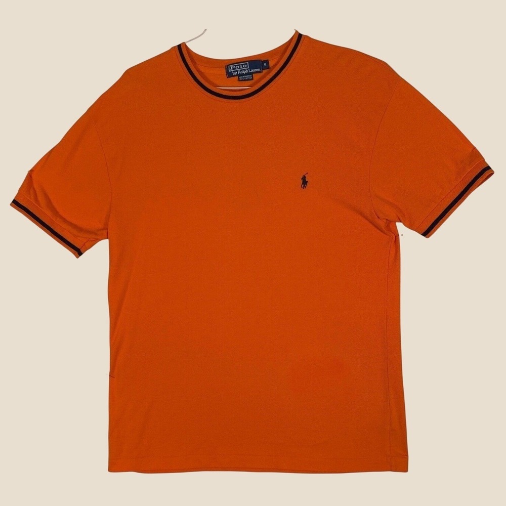 Polo Ralph Lauren Mens Orange Pique T-Shirt Navy Tipped Crewneck Small